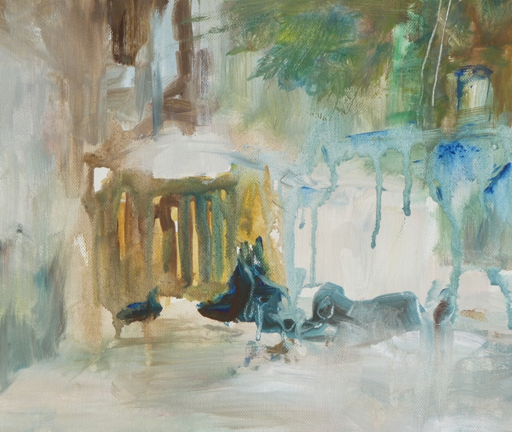 Mülleimerkatzen (litterbox cats), Acryl auf Nessel, 18 cm x 24 cm, 2012